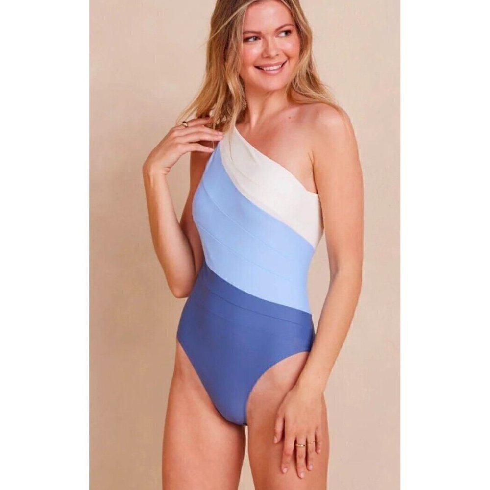 New Summersalt Sidestroke One Piece Womens 16 Blue White Swimsuit Bathing Suit